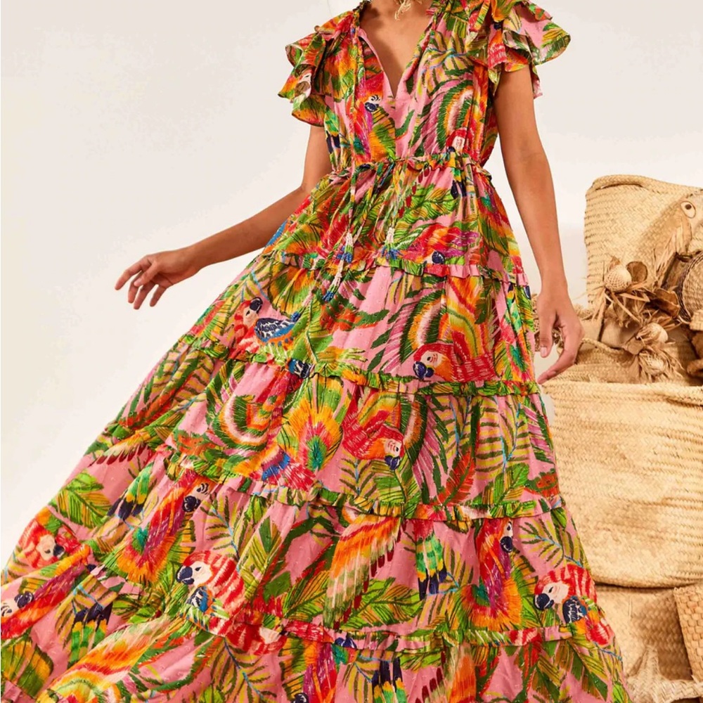 FARM Rio Pink Tropical Parrot Tiered Maxi Dress